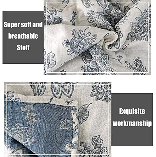 Boho Throw Blanket 80"x90" 100% Cotton Reversible Throw Couch Bed (M-blue Flower / 80"x90")