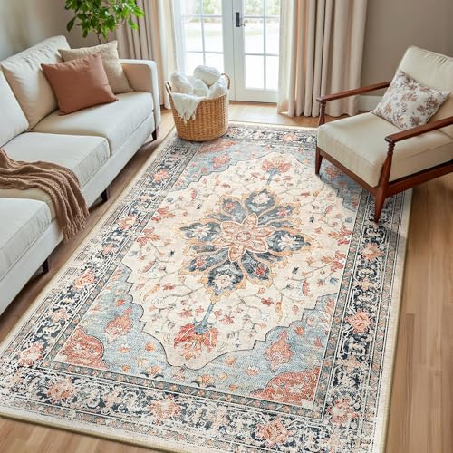 Washable Area Rug (Beige/Blue/Orange / 5' x 8' (Rectangular))