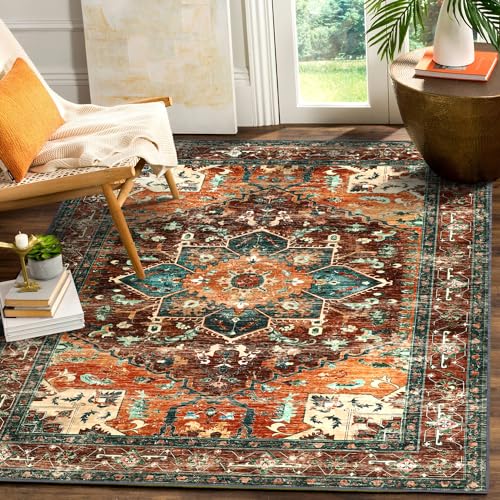 Area Rug 5x7 Non (5' x 7' / Rust/Dull Teal)