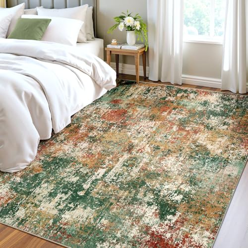Washable 6'x8' Abstract Area Rug for Living Room Green Multi (Green/Orange/Red/Blue / 6' x 8' (Rectangular))
