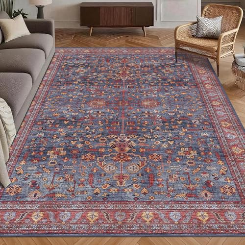 Washable Area Rug 4' x 6' Vintage Traditional Persian Mat (Indigo and Crimson / 4' x 6' (Rectangular))