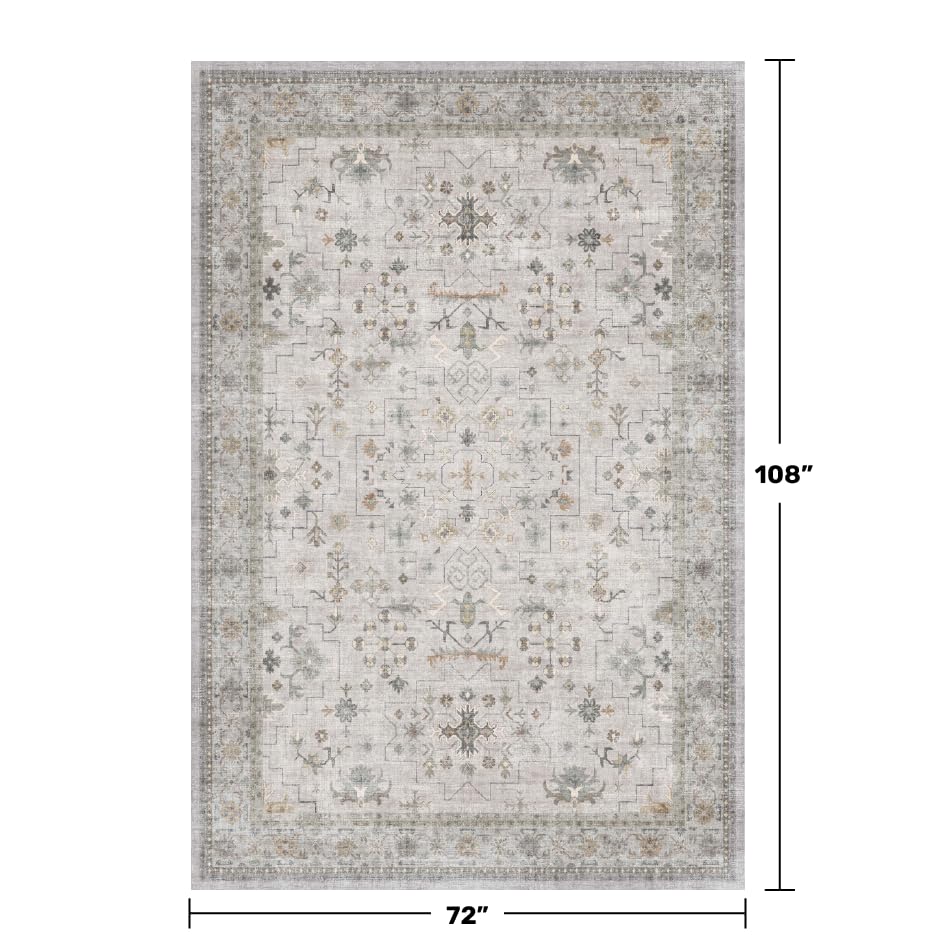 Washable Light Gray & Sage Living Room Rug 6x9 (6' x 9' (Rectangular) / Light Gray / Sage)