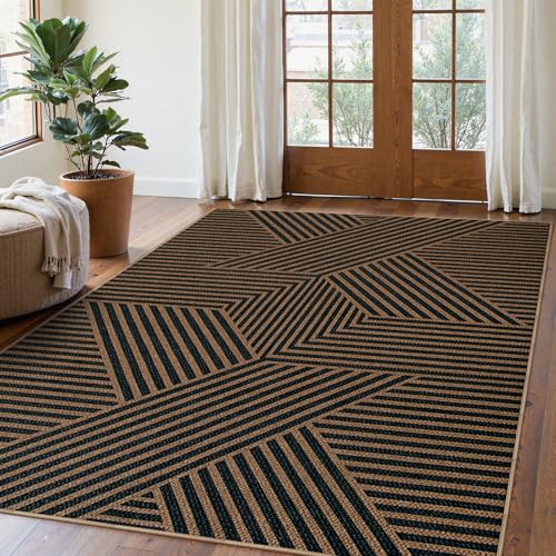 Geometric Easy Jute Outdoor Rug 5x7 (5' x 7' (Rectangular) / Black/Nature Geometric-2)
