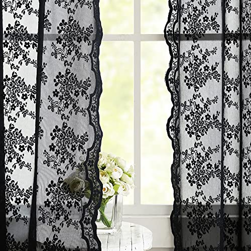 Vintage Lace Curtains 63 Inch Length (Black / 52"W x 63"L (Pack of 2))