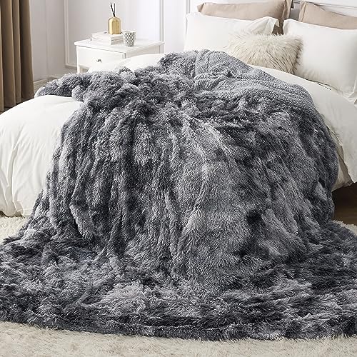 Faux Fur Fluffy Sherpa Fleece King Bed Blanket Grey 108"x90" (01- Tie Dye Grey / King (108" X 90"))