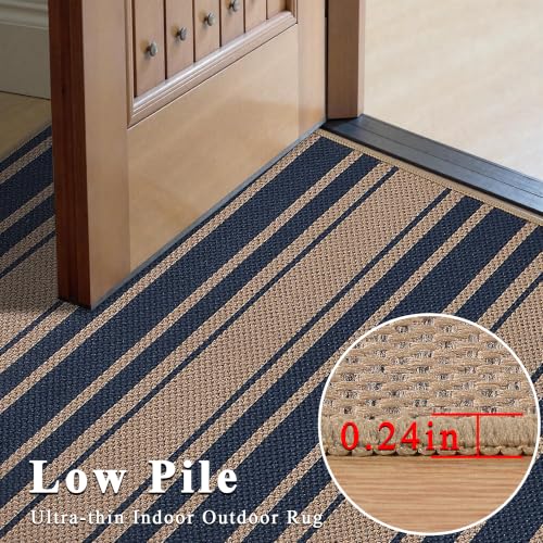 Easy Jute Kitchen Rug 2x3 Front Door Mat Washable Non Slip Entryway Rug Farmhouse Neutral Low Pil Carpet for Entryway Proch Doorway (2'*3'(Rectangular) / Blue/Striped)