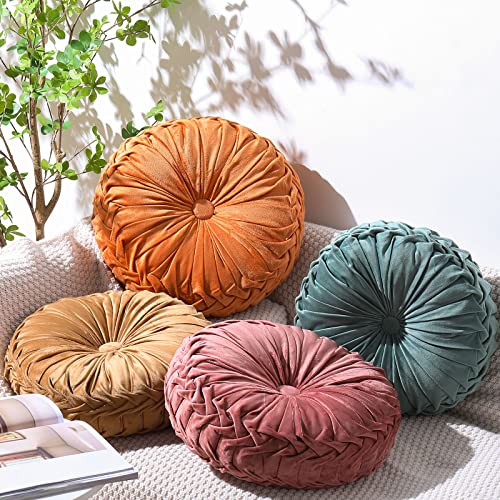 4 Pcs Round Throw Pillows Velvet Pleated Pillows (Orange, Yellow, Pink, Green)