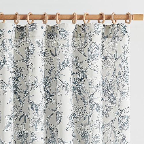 Blue Floral Linen Curtains 96 Inch Vintage Back Tab 2 Panels (Flower Blue on White / 50"W x 96"L (Pack of 2))
