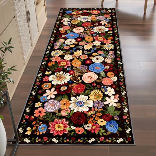 Black Brown Floral Hallway Runner Rug 3x7 for Bedroom Kitchen (Espresso / 3' x 7' (Rectangular))