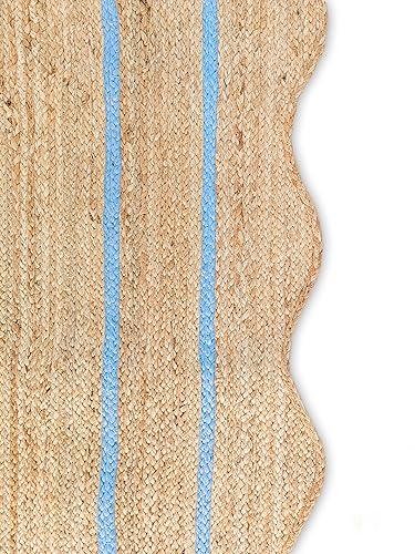 Wave Scalloped Natural Jute Boho Entryway Runner Farmhouse Scallop (Sky Blue / 10'x14' (Rectangular))