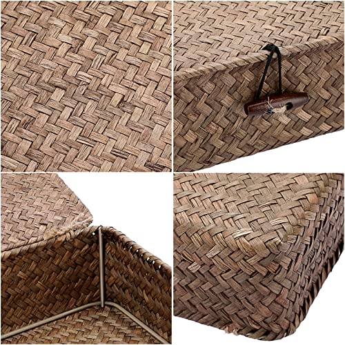 Set of 3 Flat Wicker Basket Bins with Lid (Small+Large+X-Large / Coffee)