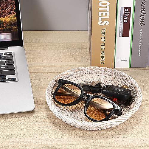 Small Key Basket Bowl for Entryway 7.6" Round Woven Wicker Basket (X-Small, 7.6" / Whitewash)