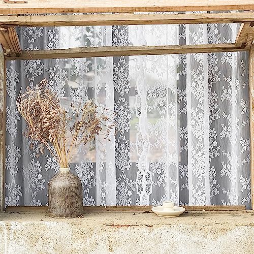 Vintage Lace Curtains Chic Floral White Short Sheer Bathroom Curtains for Small Window 2 Panels (Bright White / 52"W x 45"L (Pack of 2))