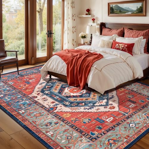 5x8 Washable Non Slip Boho Area Rug for Living Room (Rust/Multi / 5' x 8' (Rectangular))