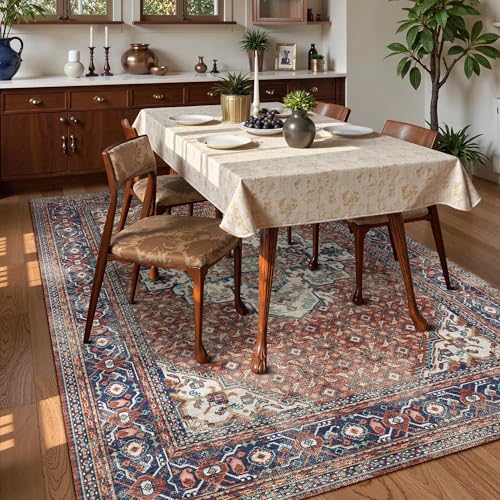 Washable Area Rug 3' x 5 ' Vintage Traditional Persian Mat (Terracotta and Navy / 3' x 5' (Rectangular))
