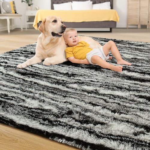 Fluffy Large Rugs for Living Room Shag Area Rug 6x9 for Bedroom (Black White / 6' X 9' (Rectangular))