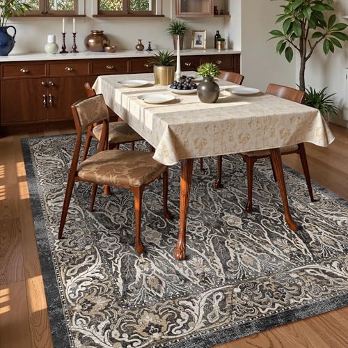 Washable Area Rug 6' x 9' Vintage Traditional Persian Mat (Ebony and Taupe / 6' x 9' (Rectangular))