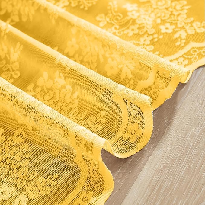 Vintage Lace Curtains 24 inch for Small Window 2 Panels Light Filtering Short Mini Cafe Curtains for Bathroom Laundry Room Basement Rod Pocket Width 26 by Length 24 Per Panel Mustard Yellow (Mustard Yellow / 26"W x 24"L (Pack of 2))