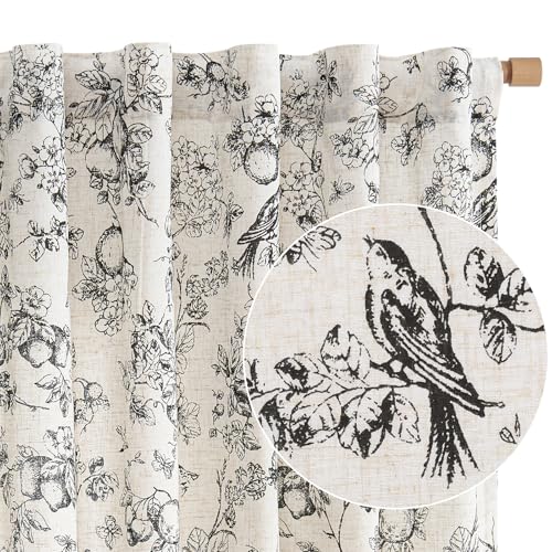 Black Floral Linen Curtains 84 Inch Vintage Back Tab 2 Panels (Black Floral on Linen / 50"W x 84"L (Pack of 2))