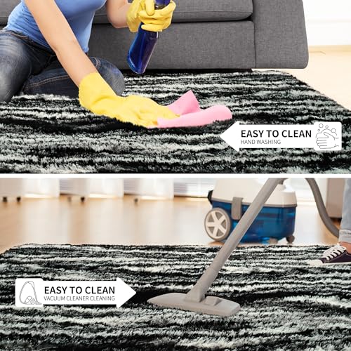 Fluffy Large Rugs for Living Room Shag Area Rug 6x9 for Bedroom (Black White / 6' X 9' (Rectangular))
