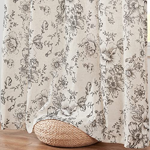 Vintage Floral Linen Curtains 63 Long for Living Room 2 Panels (Black on Beige / 38"W x 63"L (Pack of 2))