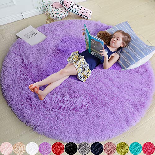Purple Fluffy Round Kids Area Rug 5Ft for Girls Bedroom Nursery (Purple / 5' (Round))