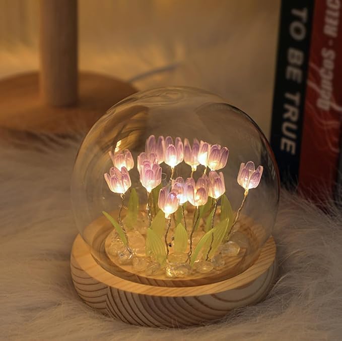 (20 Flower) Assembled Tulip Lamp Night Light with Glass Dome, Cool Handmade Artificial Flower Table Lamp Bedroom Desk Decoration for Women Girlfriend Sister Besties Birthday Christmas Gift (Purple)