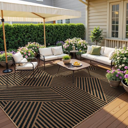 Modern Geometric Easy Jute Carpet (6' x 9' / Black/Nature Geometric-2)