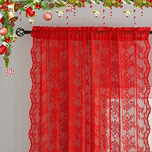 Vintage Lace Curtains 63 Inch Length 2 Panels Set Christmas Red Sheer Curtain Panels for Bedroom Winter Window Treatments for Holiday Living Room Dining Room Bedroom 52W x 63L (Red / 52"W x 63"L (Pack of 2))