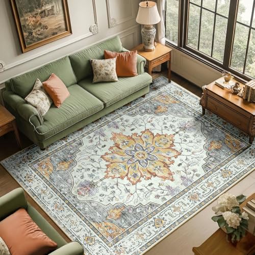 Washable Area Rug (Beige/Carbon Grey/Orange / 6' x 9' (Rectangular))