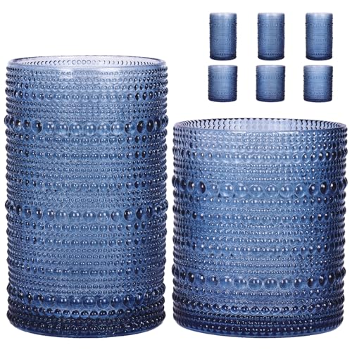 Blue Hobnail Drinking Glasses Set of 6 Vintage Glass Cups (Blue / 6pcs)