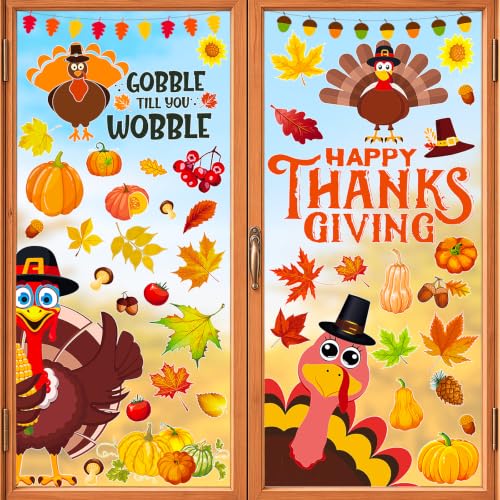 Fall Thanksgiving Window Clings Static Window Decal for Fall Décor (Brown, Yellow)