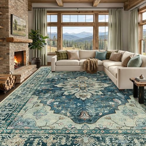 Washable Area Rug (Blue/Vintage Dark Blue / 9' x 12' (Rectangular))