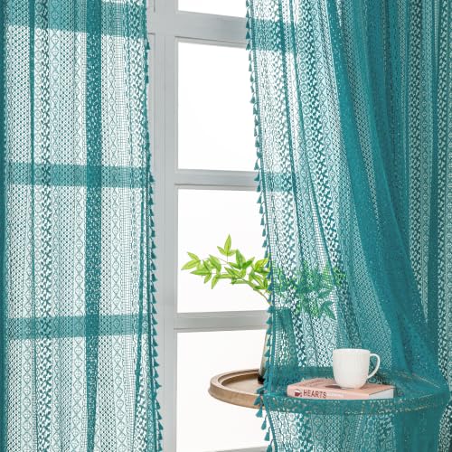 Boho Lace Curtains 96 Inches 2 Panel (59"W x 96"L (Pack of 2) / Teal)