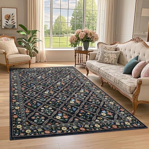 Living Room Rug 5x7 Rug Machine Washable Stain Resistant Area Rug (Navy/Black / 5' x 7' (Rectangular))