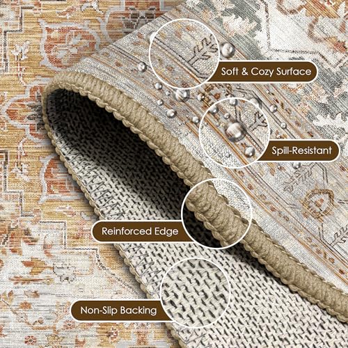 Washable Area Rug 5' x 7' Vintage Traditional Persian Mat (Dove Gray and Coral / 5' x 7' (Rectangular))