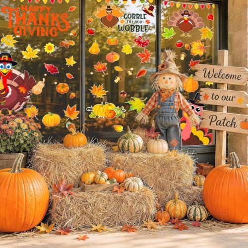 Fall Thanksgiving Window Clings Static Window Decal for Fall Décor (Brown, Yellow)