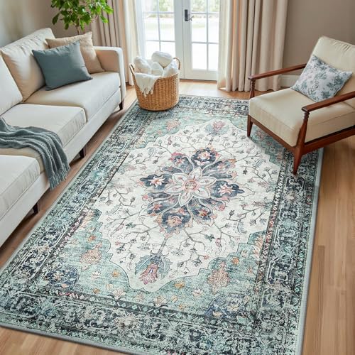 Washable Area Rug (Teal Green/White/Navy / 5' x 8' (Rectangular))