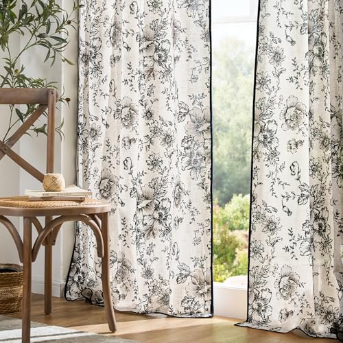 Vintage Floral Linen Curtains 90 Long for Living Room 2 Panels (Black / 50"W x 90"L (Pack of 2))