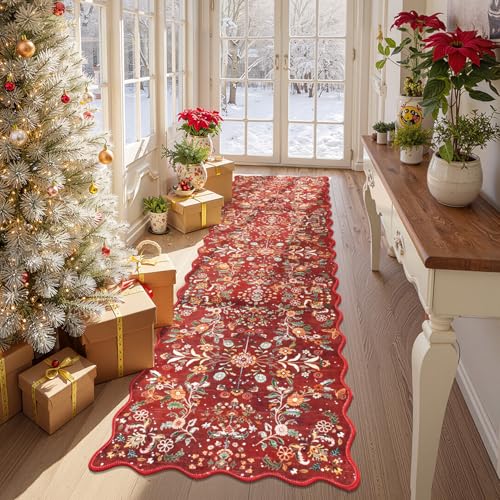 2x8 Christmas Runner Rug Washable Christmas Holiday Carpet Runner (Red Christmas Floral / 2' x 8')
