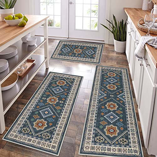HEBE Boho Kitchen Rugs Set of 3 (Blue / 20"x32"+20"x48"+20"x59")