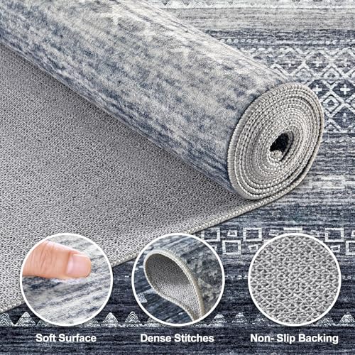 Boho 8x10 Area Rug Living Room Rugs Machine Washable Blue (Denim Blue / 8' X 10' (Rectangular))