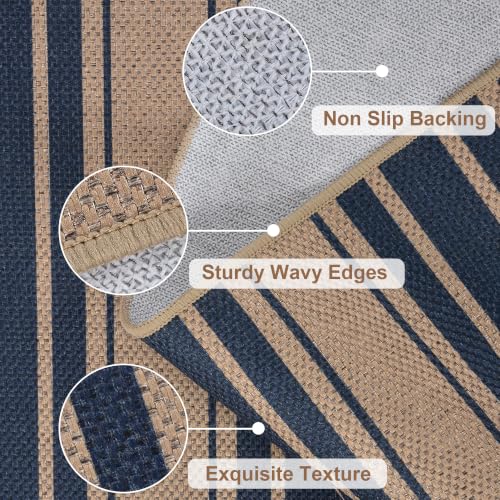 Easy Jute Kitchen Rug 2x3 Front Door Mat Washable Non Slip Entryway Rug Farmhouse Neutral Low Pil Carpet for Entryway Proch Doorway (2'*3'(Rectangular) / Blue/Striped)
