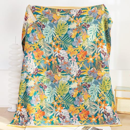 Boho Throw Blanket 60"x80" Cotton Floral Blanket for Couch Sofa Bed (Leaves Flowers 2 / 60"x80")