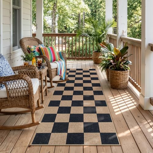 Checkered Easy Jute Outdoor Runner Rug (2' x 6' (Runner) / Black/Checkerboard -1)