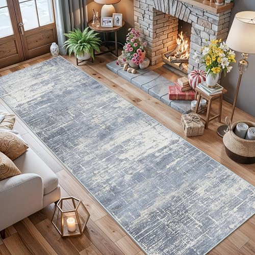 Washable 12ft Hallway Runner Rug (2'6" x 12' (Rectangular) / Blue/Ivory)