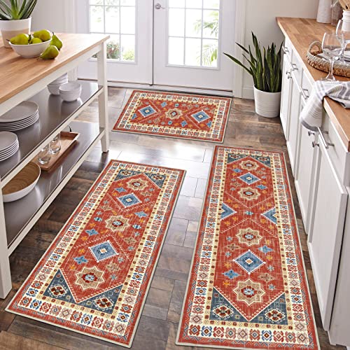HEBE Boho Kitchen Rugs Set of 3 (Rust/Red / 20"x32"+20"x48"+20"x59")