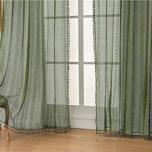Boho Lace Curtains 84 Inches 2 Panel (59"W x 84"L (Pack of 2) / Dark Olive Green)