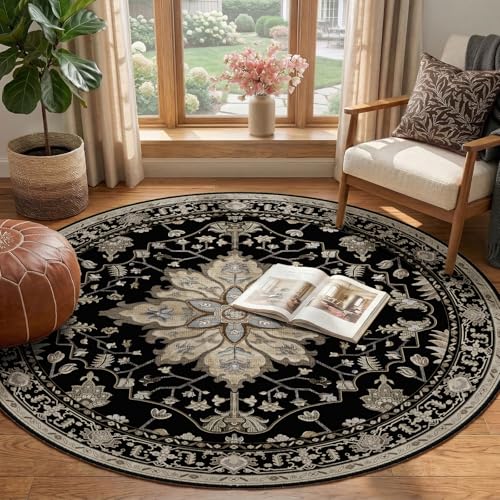 Washable Area Rug (Black/Neutral / 4' (Round))
