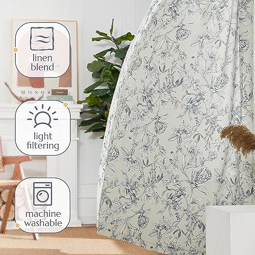 Blue Floral Linen Curtains 96 Inch Vintage Back Tab 2 Panels (Flower Blue on White / 50"W x 96"L (Pack of 2))
